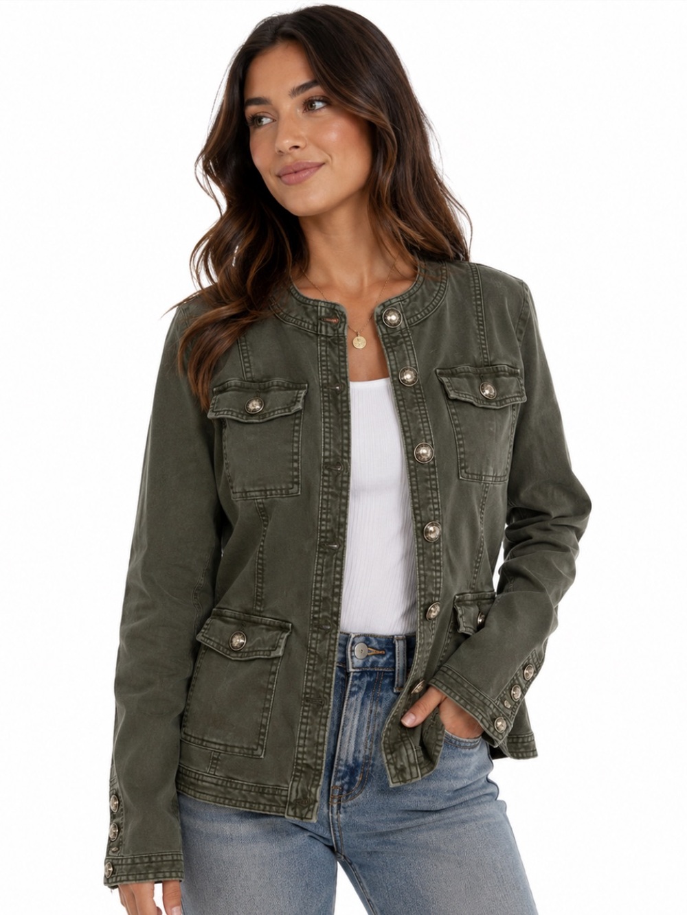 White House Black Market Utility Jacket Size 12 Olive Green Military Moto Jacket